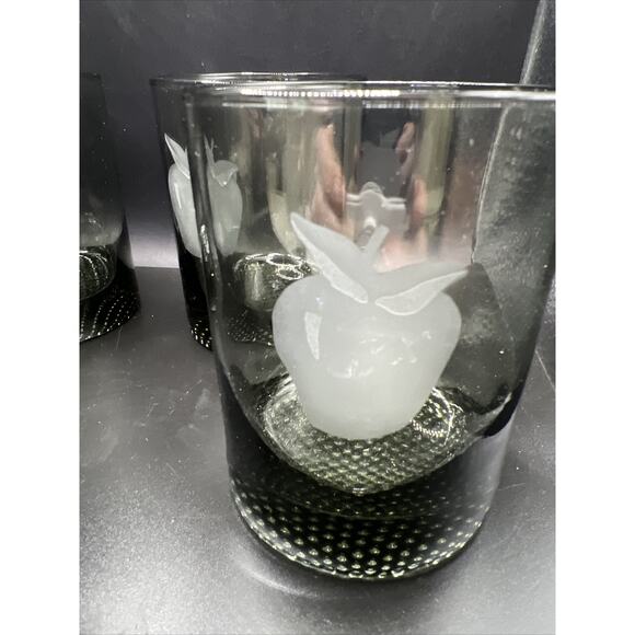 Smoke Gray Lowball Old Fashioned Etched Fruit Juice Barware Whiskey Set Of 5 - Picture 3 of 14